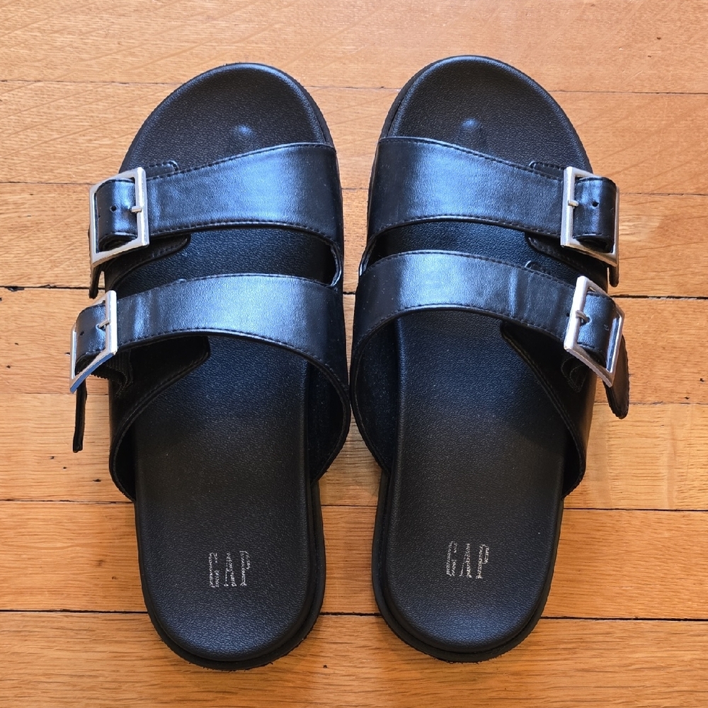 Gap, Vegan Leather Double-Strap Silver Buckle Black Sandals, Men's 8